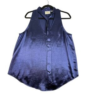 Maeve Anthropologie Women's Navy Satin Size 14 Sleeveless Tie Neck Blouse‎ Top